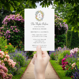 Formal Floral Crest Monogram Rehearsal Dinner Invitation