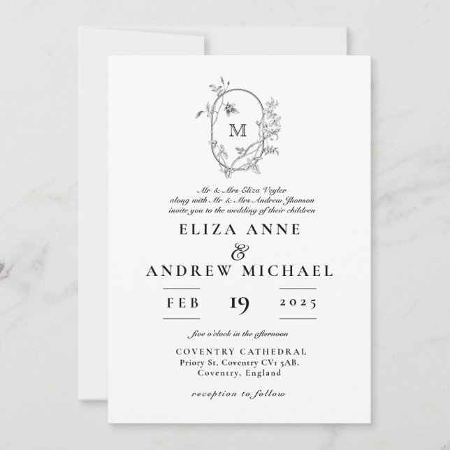 Formal Floral Crest Monogram Wedding  Invitation (Front)