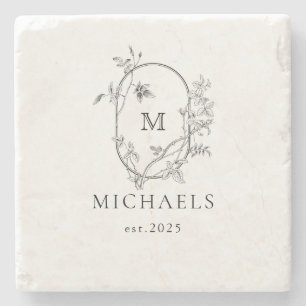 Formal Floral Crest Monogram Wedding  Stone Coaster