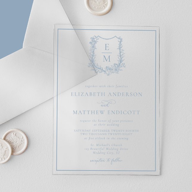 Formal Floral Monogram Crest Dusty Blue Wedding Acrylic Invitations (Creator Uploaded)