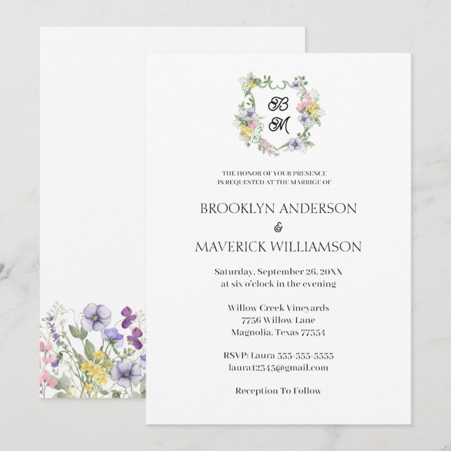 Formal Floral Monogram Crest Wedding Invitation (Front/Back)