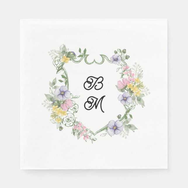 Formal Floral Monogram Crest Wedding Napkin (Front)