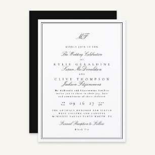 Formal Framed Classic Monogram Black White Wedding Invitation