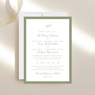 Formal Framed Classic Monogram Sage Green Wedding Invitation