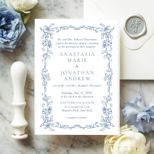 Formal French Blue Vintage Traditional Wedding Invitation
