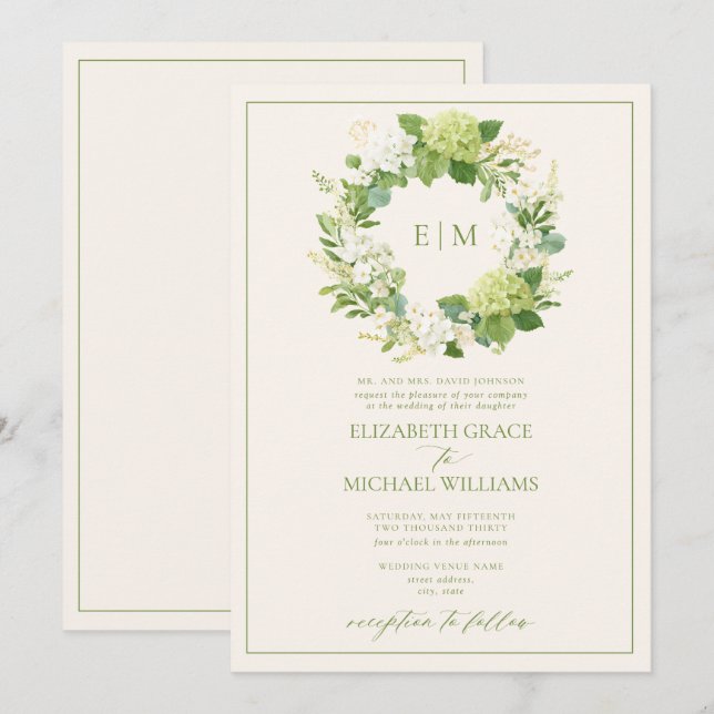 Formal Fresh Green Leafy Crest Monogram Wedding Invitation (Front/Back)
