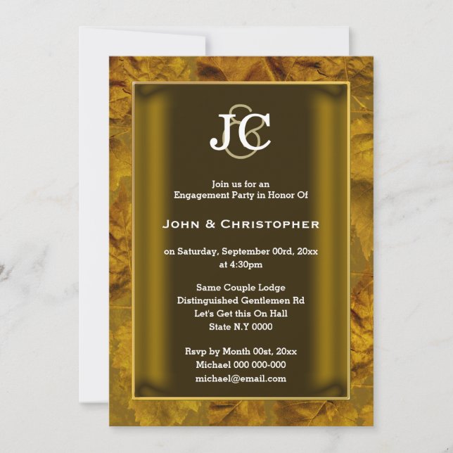 Formal gay engagement fall leaves autumn colours invitation (Front)