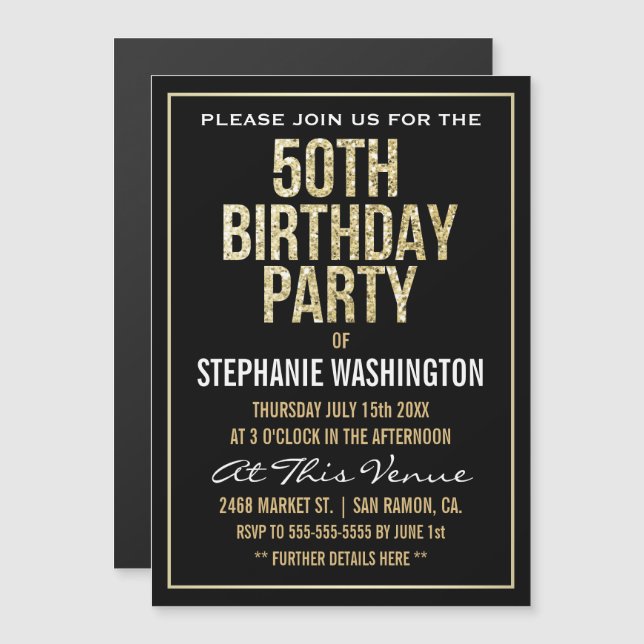 Formal Gold and Black 50th Birthday Party Magnetic Invitation (Front/Back)