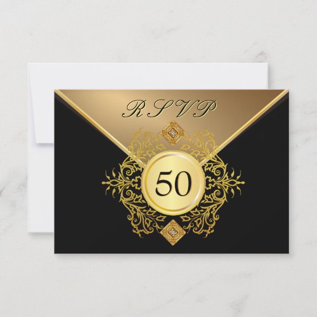 Formal Gold Black 50th Birthday Anniversary RSVP (Front)