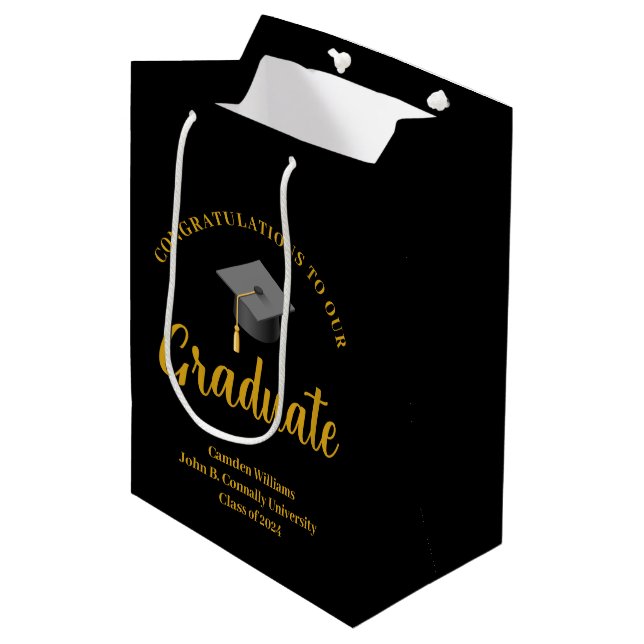 Formal Gold Black Graduation Party Personalised Medium Gift Bag (Front Angled)