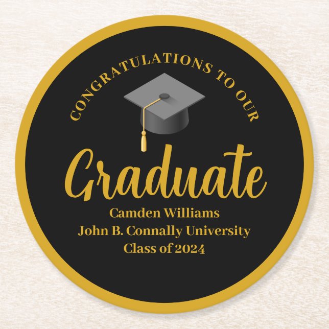 Formal Gold Black Graduation Personalised Party Round Paper Coaster (Front)