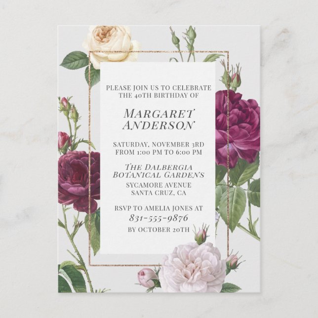 Formal Gold Border Painted Roses Birthday Party Invitation Postcard (Front)