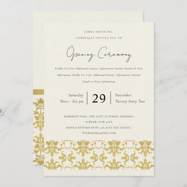 FORMAL GOLD DAMASK GRAND OPENING CEREMONY INVITATION (Front/Back)