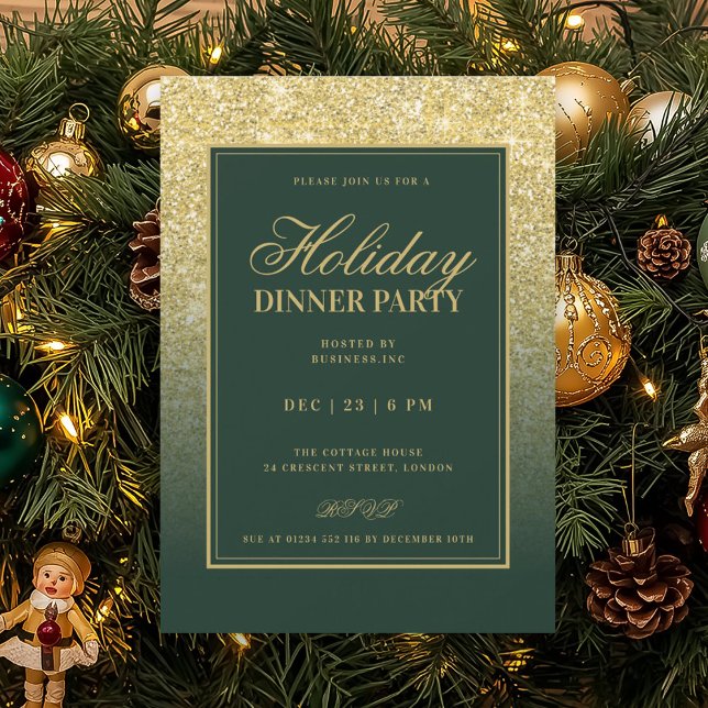Formal Gold Glam FAUX Glitter Holiday Dinner Green Invitation (Formal Gold Glam FAUX Glitter Holiday Dinner Green Invitation)
