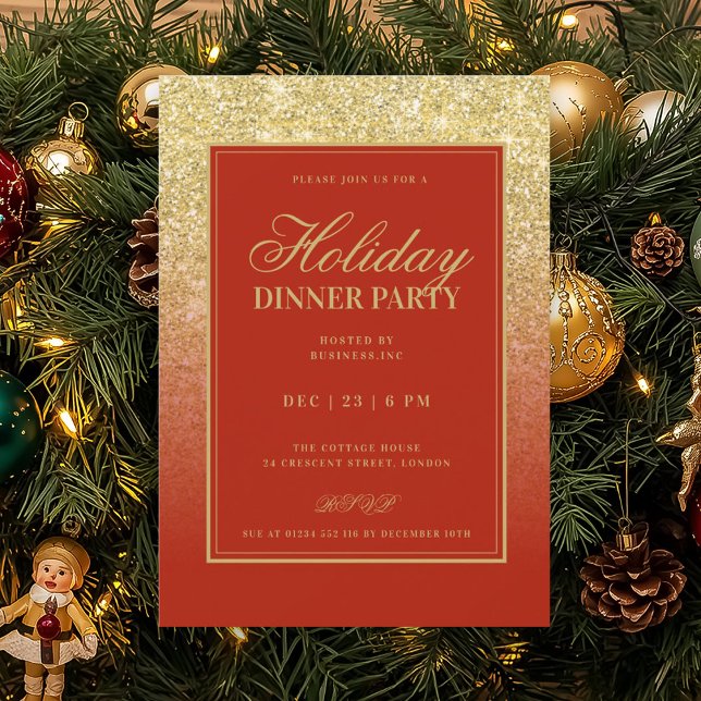 Formal Gold Glam FAUX Glitter Holiday Dinner Red  Invitation (Formal Gold Glam FAUX Glitter Holiday Dinner Red Invitation)