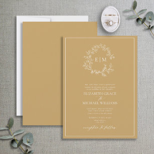 Formal Gold Leafy Crest Monogram Wedding Invitation