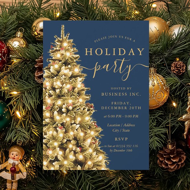 Formal Gold Xmas Tree Corporate Holiday Navy Blue  Invitation (Formal Gold Xmas Tree Corporate Holiday Navy Blue Invitation)