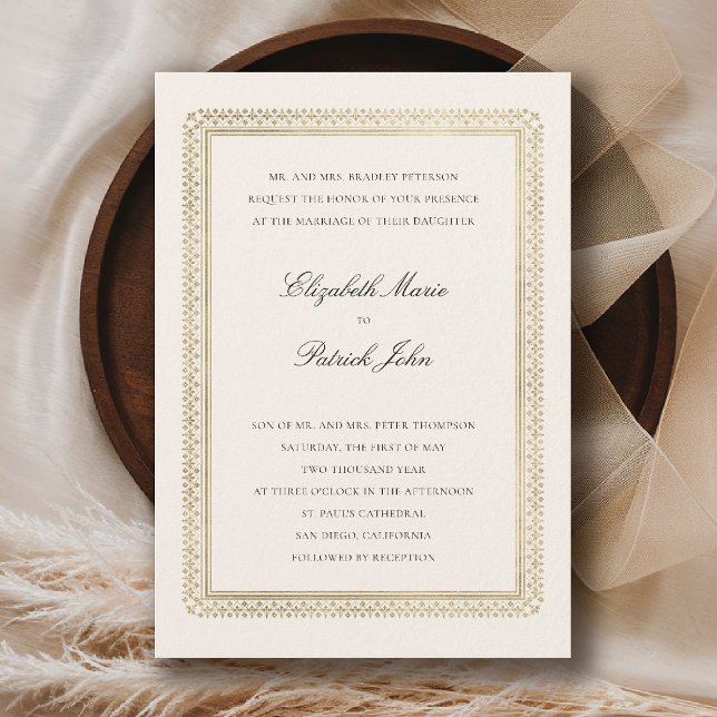 Formal Golden Lys Ecru Modern Classic Wedding Invitation (formal traditional wedding invitation modern classic gold ecru deco ballroom black tie)