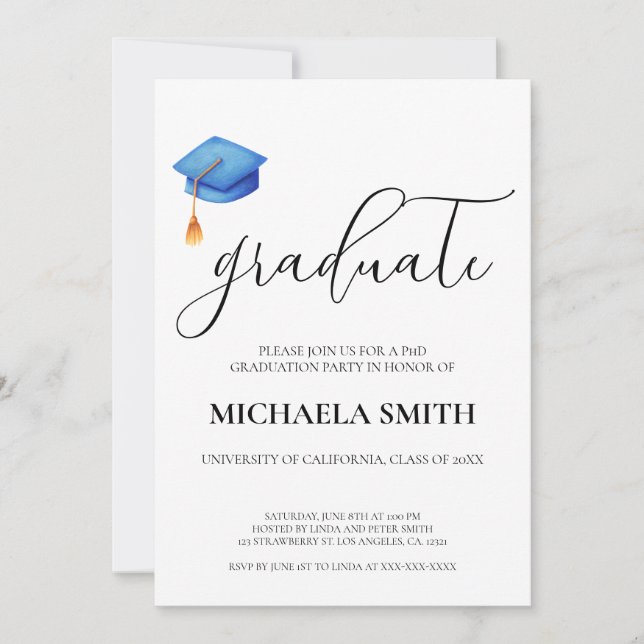 Formal Graduate Blue Cap PhD Graduation Party  Invitation (Front)