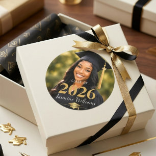Formal Graduation Portrait Black Gold Class Year Classic Round Sticker