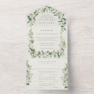 Formal Green/Cream Snowberry+Eucalyptus Wedding All In One Invitation