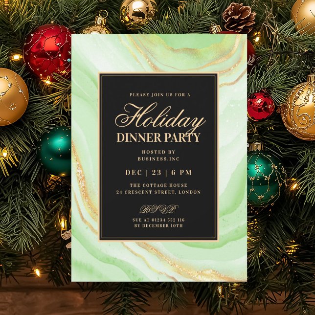Formal Green Glam FAUX Marble Holiday Dinner  Invitation (Formal Green Glam FAUX Marble Holiday Dinner Invitation)