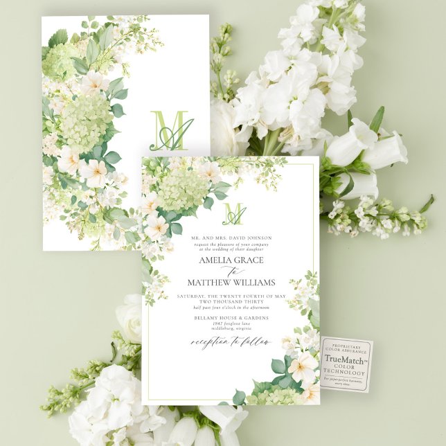Formal Green Hydrangea Floral Monogram Wedding Invitation (Lush green hydrangeas and white garden florals create a fresh, elegant wedding invitation.)