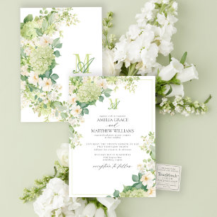 Formal Green Hydrangea Floral Monogram Wedding Invitation