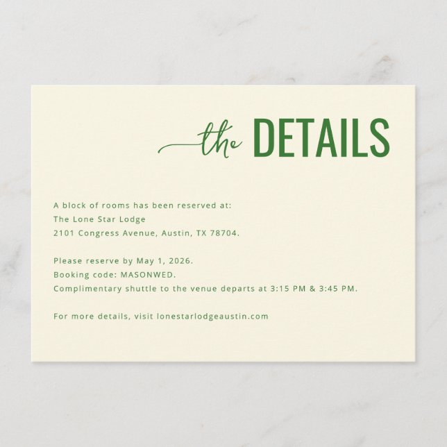 Formal Green Minimalist Details Enclosure Card (Front)