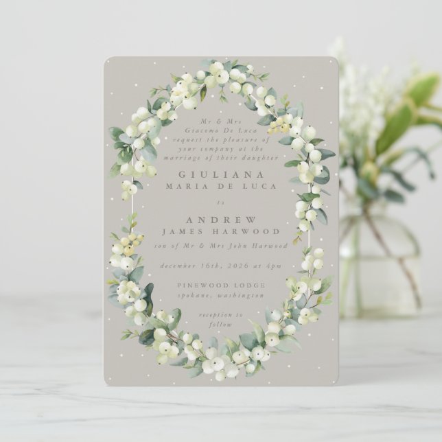 Formal Greige Snowberry+Eucalyptus Winter Wedding Invitation (Standing Front)