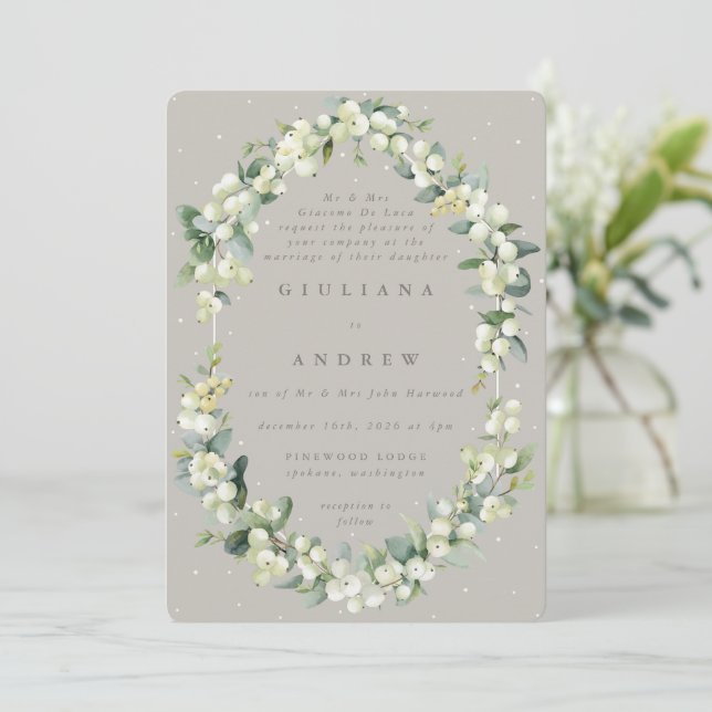 Formal Greige/Taupe Snowberry+Eucalyptus Wedding Invitation (Standing Front)