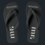 Formal Grooms Wedding Personalised Jandals<br><div class="desc">A cute addition to your beach or poolside wedding! Black flip flops with the word "Mr." and the grooms name are personalised. To see matching brides flip flops- Please visit my store "The Hungarican Princess" at www.zazzle.com/hungaricanprincess*. Look in my "Flip Flops" department category. Congratulations!</div>