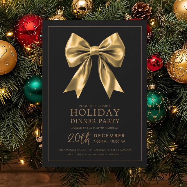 Formal Holiday Dinner Party Gold Satin Bow Black Invitation (Creator Uploaded)