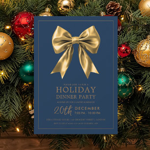 Formal Holiday Dinner Party Gold Satin Bow Navy  Invitation