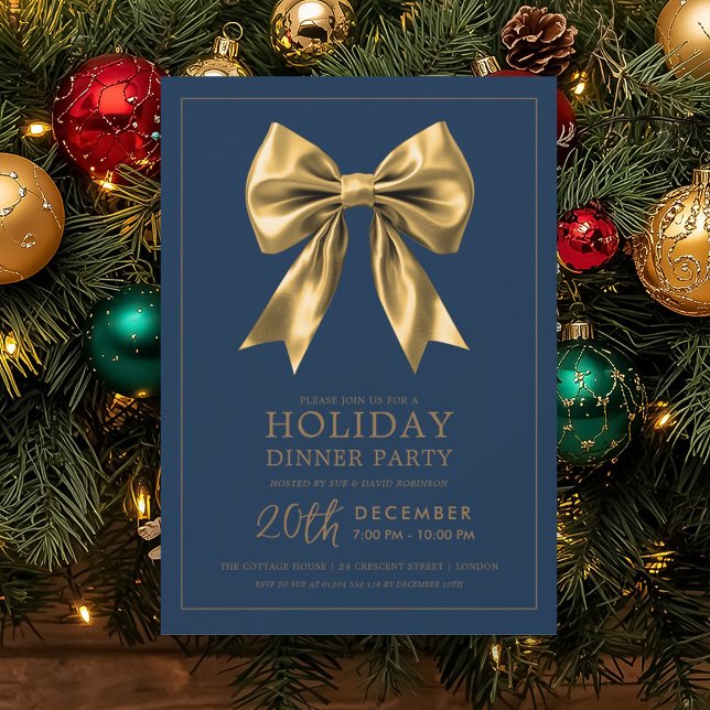 Formal Holiday Dinner Party Gold Satin Bow Navy  Invitation (Formal Holiday Dinner Party Gold Satin Bow Navy Invitation)