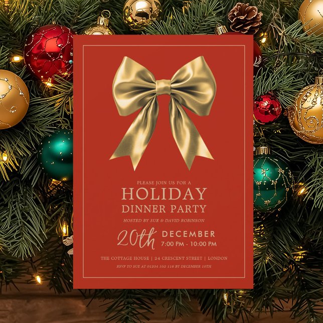 Formal Holiday Dinner Party Gold Satin Bow Red  Invitation (Formal Holiday Dinner Party Gold Satin Bow Red Invitation)