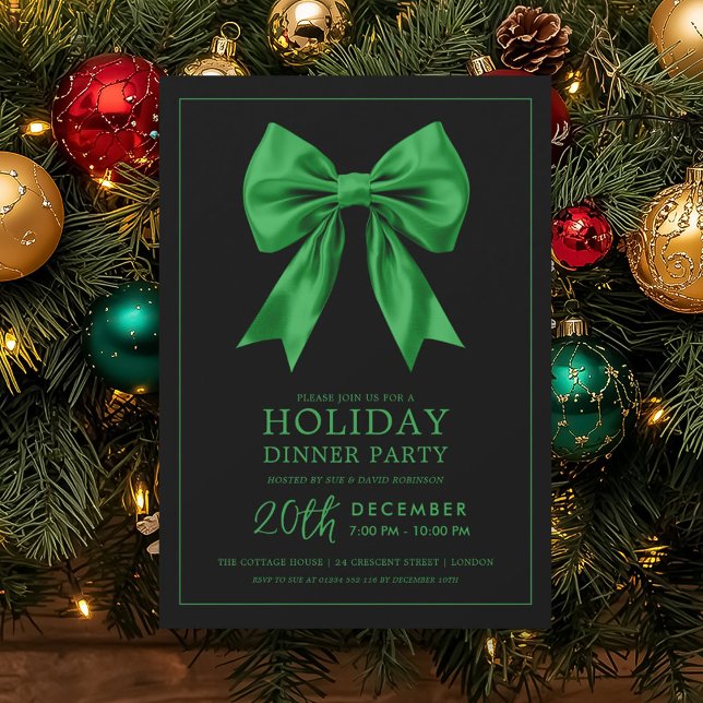Formal Holiday Dinner Party Green Satin Bow Black  Invitation (Formal Holiday Dinner Party Green Satin Bow Black Invitation)