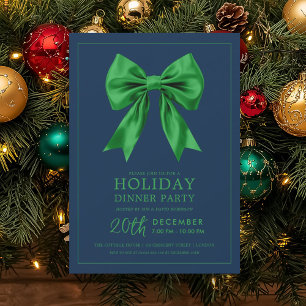 Formal Holiday Dinner Party Green Satin Bow Navy  Invitation