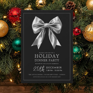 Formal Holiday Dinner Party Silver Satin Bow Black Invitation