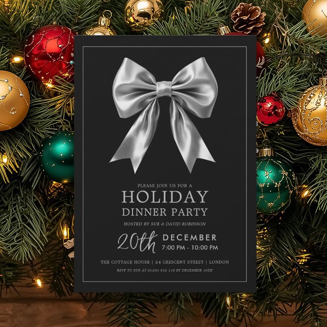 Formal Holiday Dinner Party Silver Satin Bow Black Invitation (Formal Holiday Dinner Party Silver Satin Bow Black Invitation)