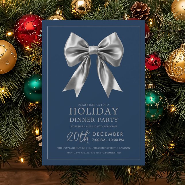Formal Holiday Dinner Party Silver Satin Bow Navy  Invitation (Formal Holiday Dinner Party Silver Satin Bow Navy Invitation)