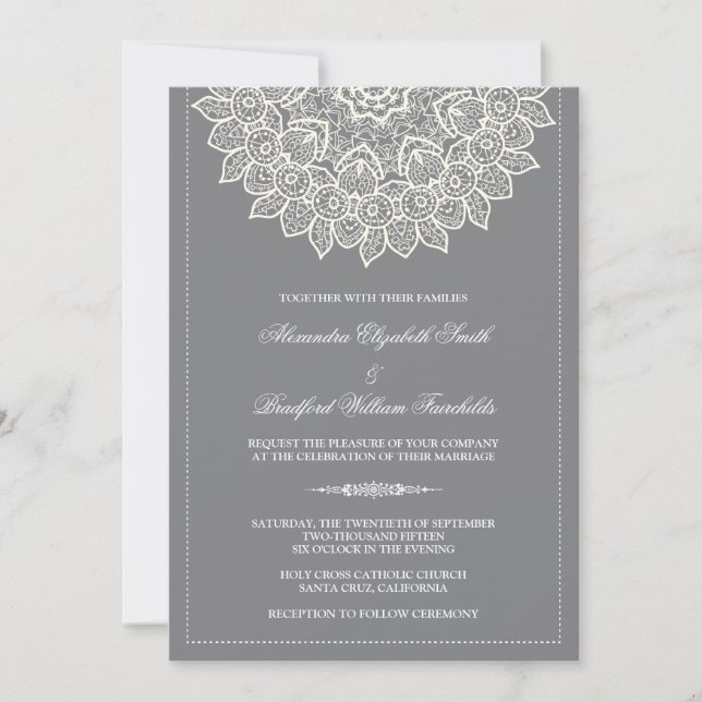 Formal Lace Doily Wedding Invitation (grey) (Front)