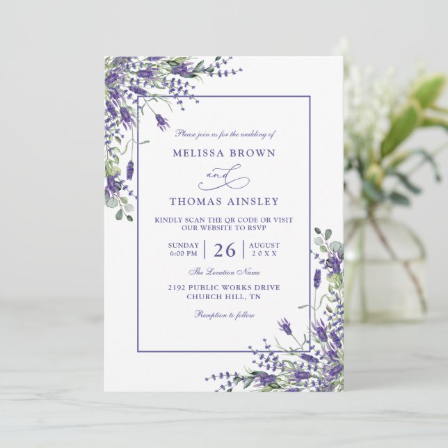 Formal Lavender Eucalyptus Budget QR Code Wedding Invitation (Standing Front)