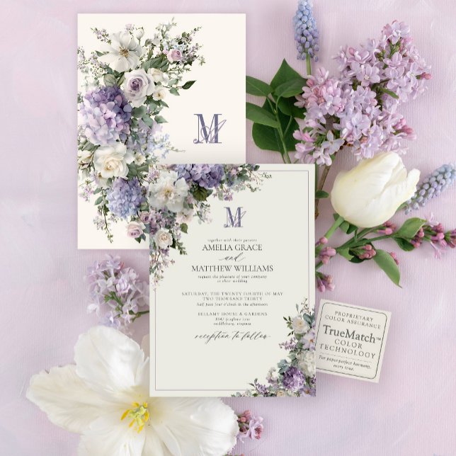 Formal Lavender Hydrangea Floral Monogram Wedding Invitation (Elegant lavender hydrangea florals and a romantic monogram for a timeless garden wedding.)