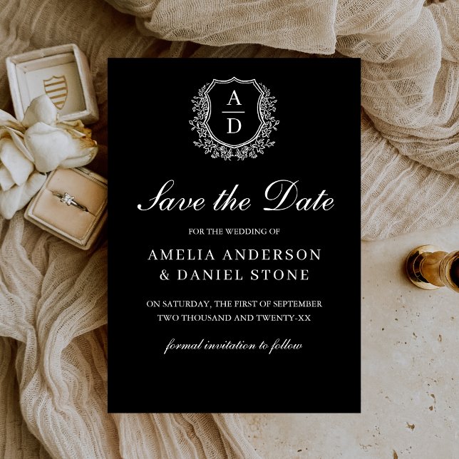 Formal Leafy Crest Monogram Black White Wedding  Save The Date (Creator Uploaded)