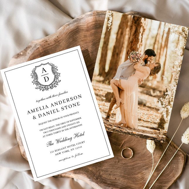 Formal Leafy Crest Monogram Photo Wedding  Invitation (Creator Uploaded)