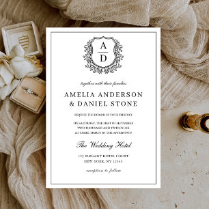 Formal Leafy Crest Monogram Wedding Elegant Invitation