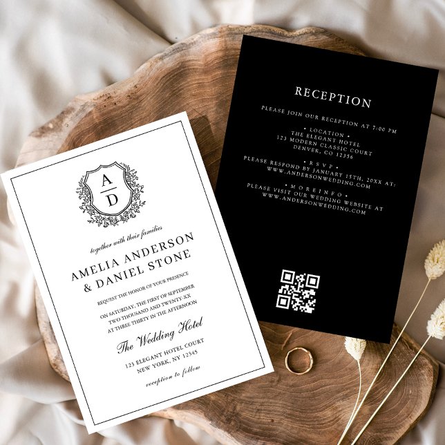 Formal Leafy Crest Monogram Wedding QR Code Invitation (Creator Uploaded)