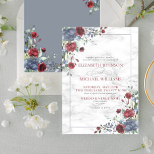 Formal Light Dusty Blue Burgundy Floral Wedding In Invitation