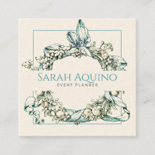 Formal Lush Blue Green Wreath Event Planner Square Business Card
